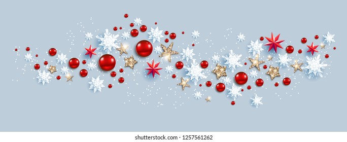 Web Banner Social Media template. Winter decoration with snowflakes, stars and baubles festive luxury background