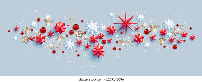 Web Banner Social Media template. Winter decoration with snowflakes, stars and baubles festive luxury background