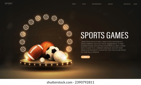 Banner web para apuestas deportivas con pelotas de baloncesto, béisbol, fútbol, fútbol y voleibol en el podio con un marco de neón de color dorado.