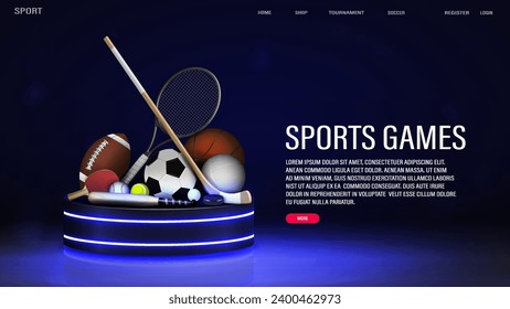 A web banner for sports betting in blue with football, basketball, baseball, tennis, balls with a bat, racket and stick on a neon podium.