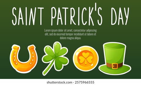 Web banner for St. Patrick's Day, March 17. Greeting card, invitation, poster, placard with shamrock, horseshoe, gold coin, leprechaun's top hat, with congratulation text .