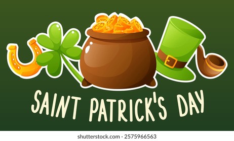 Web banner for St. Patrick's Day, March 17. Greeting card, invitation, poster, placard with shamrock, horseshoe, pot of coins, tobacco pipe, leprechaun's hat top hat, with congratulation text.