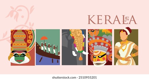 Web banner for the state of Kerala in India. Illustration of various art forms. Vector illustration.