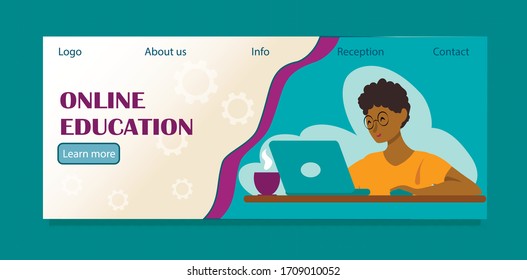 WEB banner Stay home in quarantine. Online education concept, meditate and relax. Boy is sitting at table and looking at laptop. Corona viruses concept of 2019-ncov. vector illustration in flat style.