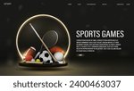 A web banner with a stick, puck, bat and balls for football, basketball, soccer, volleyball, baseball, tennis and ping pong rackets in black and gold. A concept for sports betting.