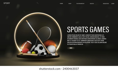 Banner web con bastón, disco, bate y pelotas para fútbol, baloncesto, fútbol, voleibol, béisbol, tenis y ping pong con raquetas de oro y negro. Un concepto para las apuestas deportivas.