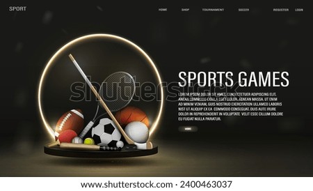 A web banner with a stick, puck, bat and balls for football, basketball, soccer, volleyball, baseball, tennis and ping pong rackets in black and gold. A concept for sports betting.