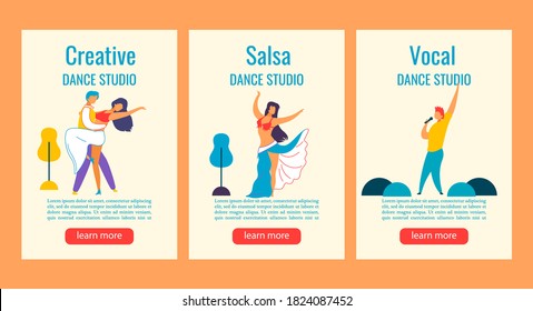 Historias de banner en la web, personajes de caricatura plana para medios sociales, publicación de anuncios, fiesta de baile, concepto de afiche de estudio vocal. Gente moderna bailando, cantando, hombre mujer