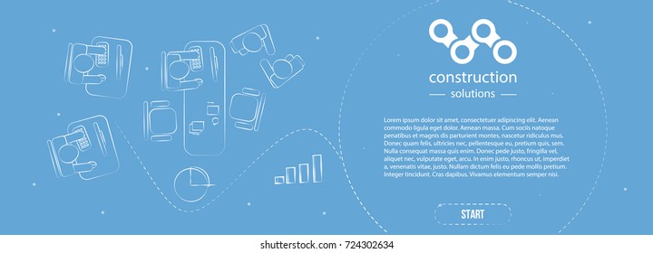 Web banner in style business minimalism. Ready module for the landing page. Office top view on blue background.