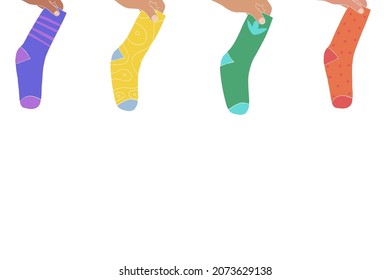 Banner web con algodón elegante y calcetines de lana con diferentes texturas aisladas en fondo blanco. Ropa de moda con espacio vacío. Prenda moderna o conjunto de ropa. Ilustración vectorial plana.
