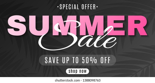 Web banner for Summer Sale on a black background with palm trees. Special offer. Hot deal. Creative lettering. Beauty brochure. Summer collection. Seasonal shopping. Vector illustration. EPS 10.