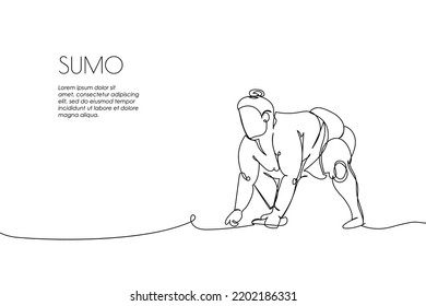 Web banner with sumo wrestler one line art. Continuous line drawing of promotion poster japanese, fight, obesity, man, person, athlete, sport.