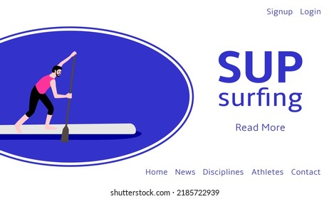 Web banner for sup surfing competitions. A man is rowing standing on a board. Vector flat illustration.