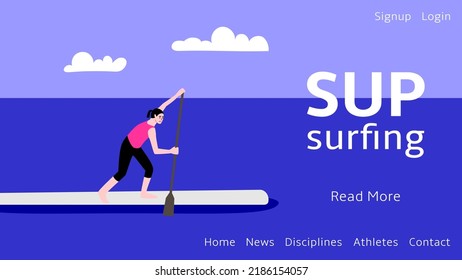 Web banner for sup surfing. A woman is rowing standing on a board. Vector flat illustration.