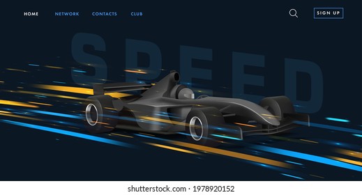 Web Banner With Super Car Sport Bolide, Black Auto In Movement With Bright Speed Lights On Dark Background, Promo Website