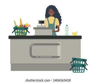 Web banner of a supermarket cashier. The young black woman is standing near the cash register. There is also a green shopping cart with products in the picture. Vector flat illustration.