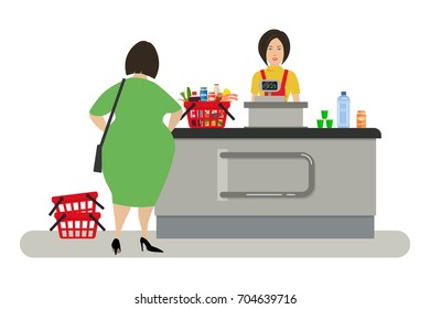 Web banner of a supermarket cashier. The young woman is standing near the cash register. There is also a buyer and a shopping cart with products in the picture. Vector flat illustration.