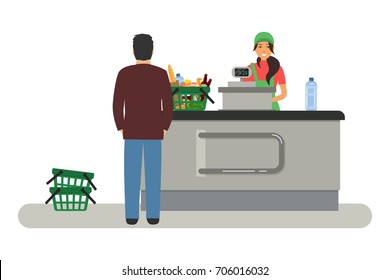 Web banner of a supermarket cashier. The young woman is standing near the cash register. There is also a buyer and a shopping cart with products in the picture. Vector flat illustration.