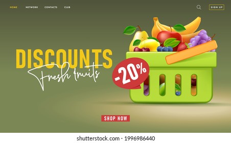 Web banner for supermarket landing page with 3d illustration of shopping basket full of fruits with discount