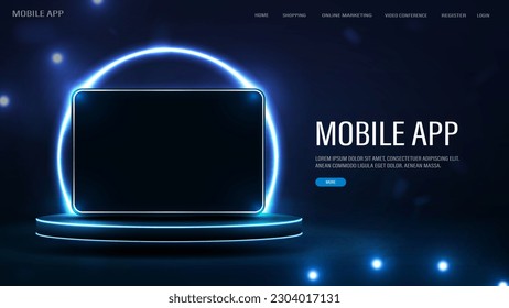 A web banner with a tablet on the podium with a neon bright circle in the background