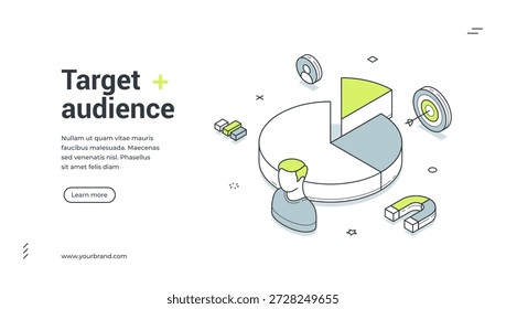 Anuncio de Web para la investigación del público objetivo. Plantilla de Ilustración vectorial isométrica para estrategia de marketing. Diseño moderno con gráfico circular, icono de usuario, imán para presentación de negocios