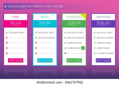 Web banner of tariffs and prices. Website user interface for pricing table. UI and UX vector design.
