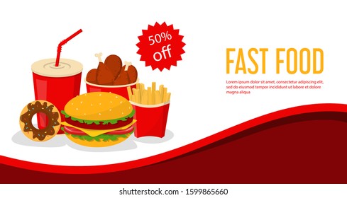 Web banner with tasty fast food vector isolated. Special offer for burger and french fries. Fastfood restaurant advertising in the internet.