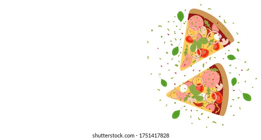 Web banner with tasty pizza. Design for pizzeria or fast food restaurant. Empty space for text. Pizza with mushrooms, tomatoes, onion, pepperoni, cheese, and basil. Flat vector design