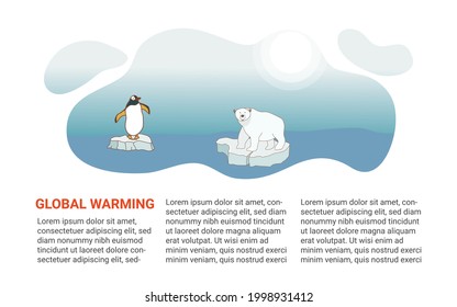 Web banner template about global warming and climate change. A polar bear with and a penguin swims on an ice floe in the Arctic. Vector illustration