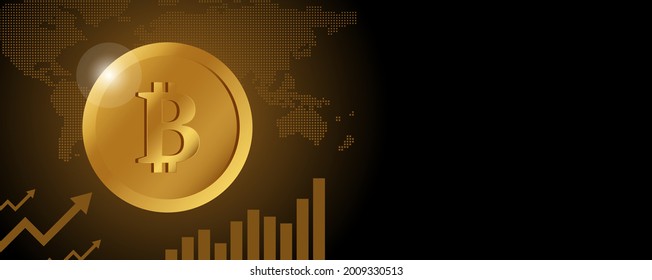 Web banner template with Bitcoin symbol. Crypto coin with growth chart graphic. International stock exchange. Network bitcoin marketing vector banner.