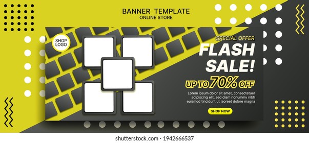 Web banner template with black and yellow colors background. Flash sale geometric model. Suitable for online store to promotion product and sale your discount product. Vector Illustration