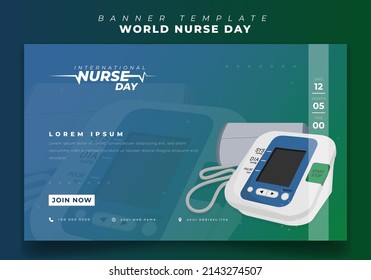 Plantilla de banner web en fondo de degradado verde azul para el diseño del día de enfermería internacional