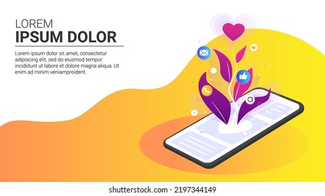 web banner template business phone social networks flower growth. Vector illustration