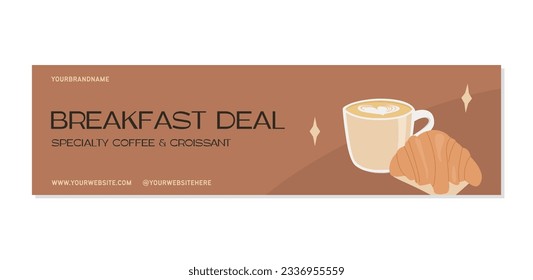 Web banner template with cappuccino cup and baked croissant. Cafe scene with milk coffee on the table. Horizontal poster for french breakfast promo with freshly brewed drink. Vector flat illustration.