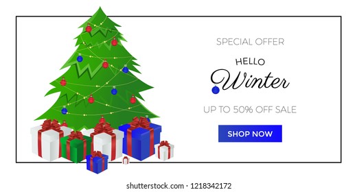 Web banner template with Christmas tree and gifts. Winter design for sale banner, vector illustration EPS 10