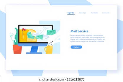 Web banner template with computer display, opened mailbox and letters in envelopes flying out of it. Email, mail or inbox message service. Flat vector illustration for website, internet advertisement.