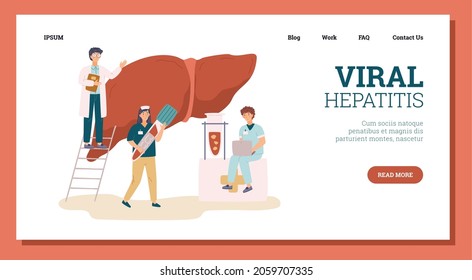 Web banner template with concept of viral hepatitis in flat vector illustration isolated on white background. Male, female characters of doctors, nurses examine blood, treat organ liver