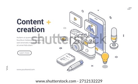 Web banner template for content creation. Isometric vector illustration for digital marketing. Landing page design with camera, microphone, smartphone for photo, video and audio production