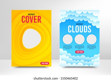 Web banner template. Cover design layout. Email newsletter flyer. Banner with clouds for social media mobile apps. A4 format brochure cover background. Flyer design page template. Yellow vector poster