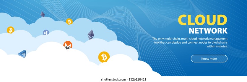 Plantilla de banner web.  Iconos de criptodivisa en las nubes y el arte de línea. Adecuado para la seguridad de datos, red de múltiples cloud, multi-cadenas, tecnología de nube, plataforma de comercio, transferencias, cadenas de bloqueo.