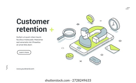 Plantilla de Anuncio de Web para la retención del Cliente. Ilustración vectorial isométrica que muestra un imán de marketing que atrae a un usuario. Diseño moderno para una página de destino o promoción de App sobre clientes potenciales entrantes