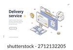 Web banner template for delivery service. Isometric vector illustration with online order form, map navigation, and parcel boxes. Modern design for logistics and e-commerce landing page