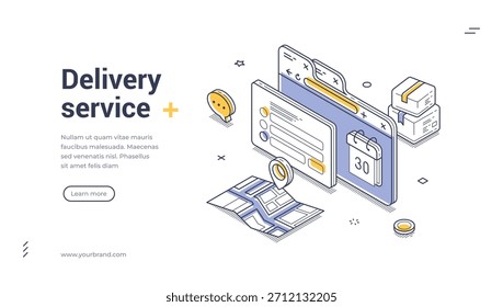 Plantilla de Anuncio de Web para el servicio de entrega. Ilustración vectorial isométrica con formulario de pedido en línea, navegación por mapas y cajas de paquetes. Diseño moderno para la landing page de logística y comercio electrónico