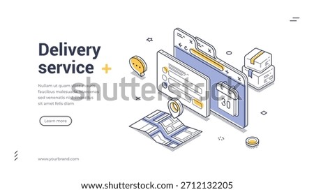 Web banner template for delivery service. Isometric vector illustration with online order form, map navigation, and parcel boxes. Modern design for logistics and e-commerce landing page