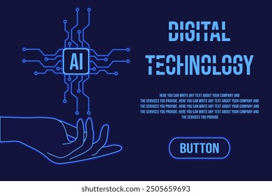 Web banner template design with computer Chip in trendy neon effect. Digital technology background with blank space. Vector illustration.