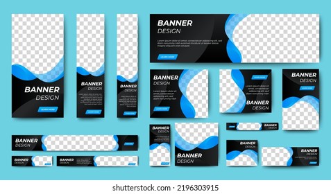 Web banner template design set layout with photo and text space. Black and blue. Business advertising set design template. Vertical, horizontal, square banners standard size. Vector EPS 10