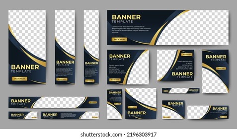 Web banner template design set layout with photo and text space. black and gold. Business advertising set design template. Vertical, horizontal, square banners standard size. Vector EPS 10