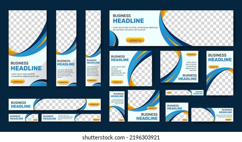 Web banner template design set layout with photo and text space. White and blue. Business advertising set design template. Vertical, horizontal, square banners standard size. Vector EPS 10