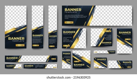 Web banner template design set layout with photo and text space. black and gold. Business advertising set design template. Vertical, horizontal, square banners standard size. Vector EPS 10