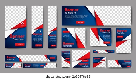 Layout do conjunto de design do modelo de banner da Web com espaço para texto e foto. azul gradiente. Modelo de design de conjunto de anúncios comerciais. Tamanho padrão de banners verticais, horizontais e quadrados.	
